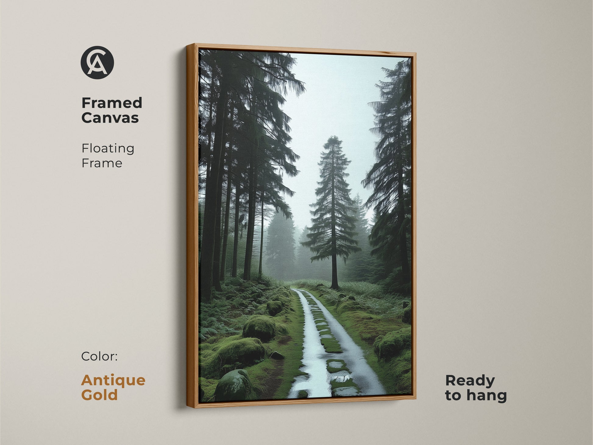 Framed canvas art featuring a misty forest path. Deep green pine trees create a calming nature scene. The antique gold floating frame is ready to hang. The mossy ground adds rustic charm.