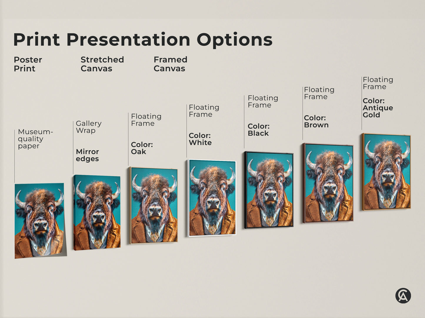 Explore print presentation options for buffalo in a suit artwork. Choose from poster prints stretched canvas and framed canvas. Museum-quality animal art with various floating frame colors. Find the perfect style to complement your home decor.
