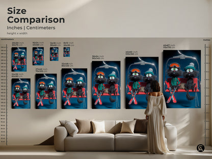 Compare sizes of the funny cat skiing art print. See the art in inches and centimeters for precise measurements. The cartoon style art is a great fit over sofas. Perfect for cat lovers and ski enthusiasts. This canvas and poster art adds charm to your home decor. Choose the right size today.