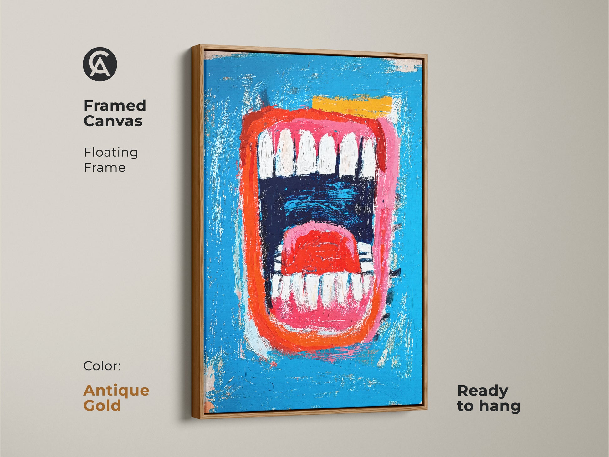 Framed canvas print of a mouth artwork. This artwork is set in an antique gold floating frame. The artwork features a bold red mouth and a bright blue background. It arrives ready to hang bringing an artistic flair.