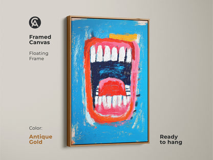Framed canvas print of a mouth artwork. This artwork is set in an antique gold floating frame. The artwork features a bold red mouth and a bright blue background. It arrives ready to hang bringing an artistic flair.