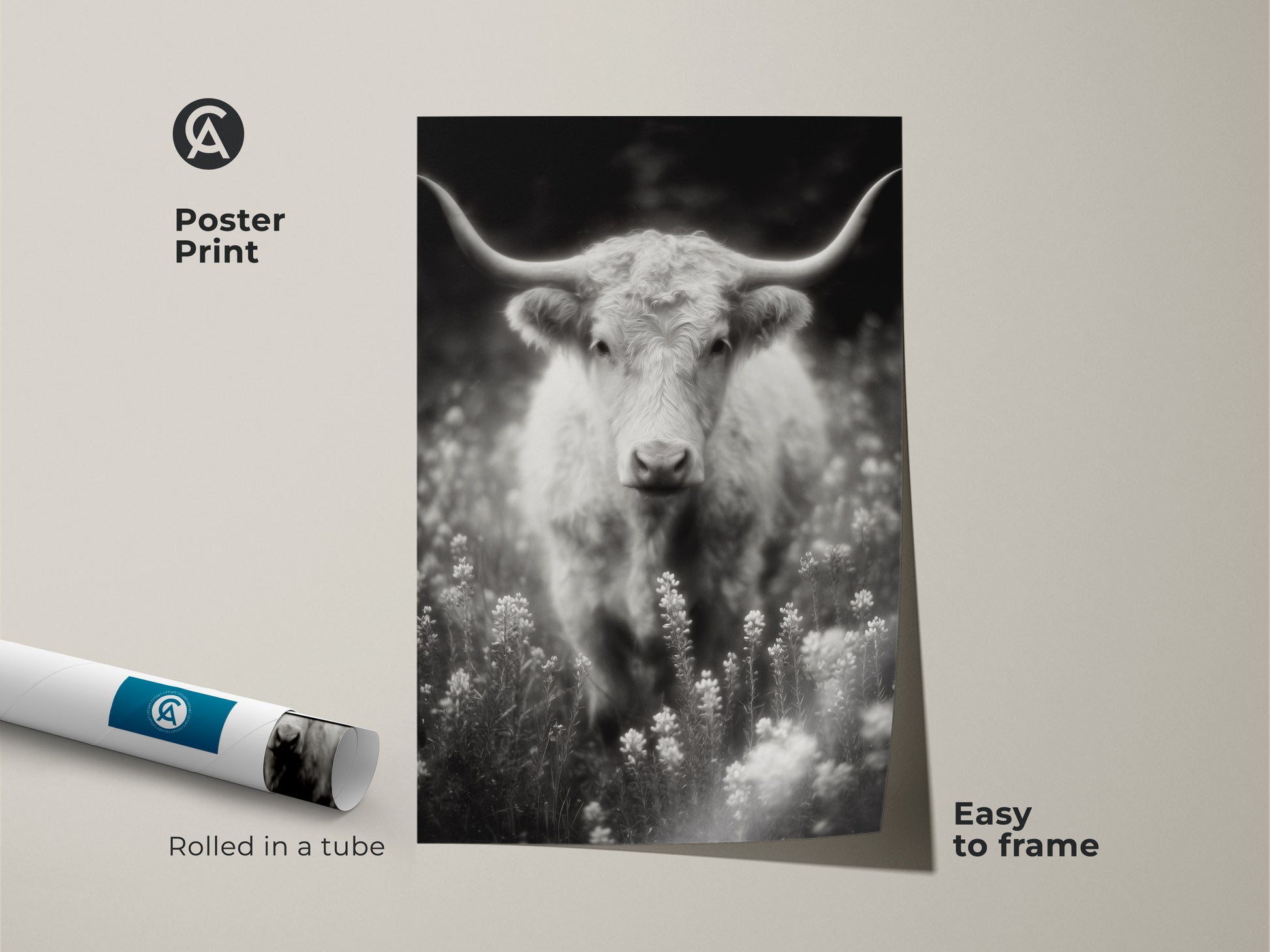 A poster print of a black and white longhorn photograph. The artwork is easy to frame. The fine art print features a Texas Longhorn in a field of wildflowers. It arrives rolled in a tube for protection.