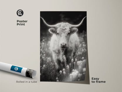 A poster print of a black and white longhorn photograph. The artwork is easy to frame. The fine art print features a Texas Longhorn in a field of wildflowers. It arrives rolled in a tube for protection.
