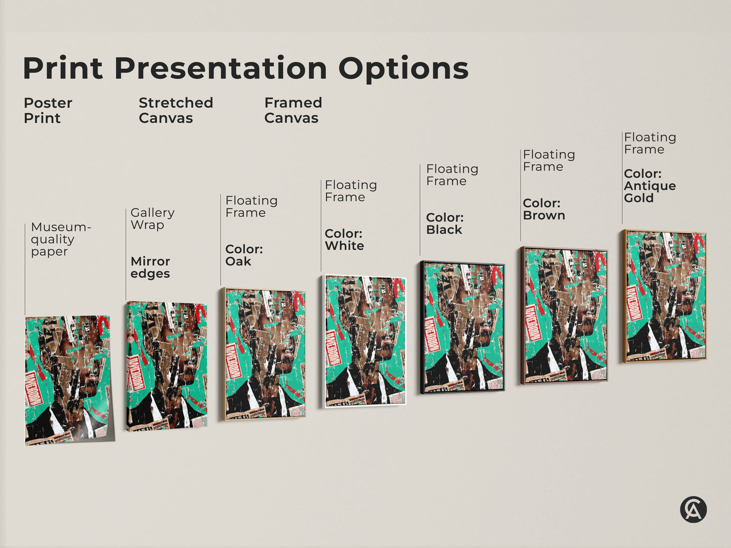 Print presentation options for abstract collage wall art. Choose from poster stretched canvas or framed canvas. Each features an urban portrait print in teal red brown tones. Select the perfect eclectic artwork for your space.
