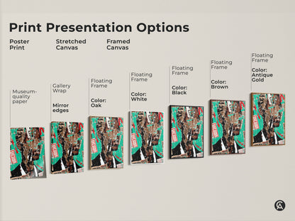 Print presentation options for abstract collage wall art. Choose from poster stretched canvas or framed canvas. Each features an urban portrait print in teal red brown tones. Select the perfect eclectic artwork for your space.