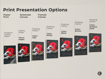Print presentation options are shown here. Options include a poster print a stretched canvas and a framed canvas. Frame colors shown are white black brown and antique gold. The crimson red Ukiyo-e Wave and gothic tower artwork would complement any living space or office space.