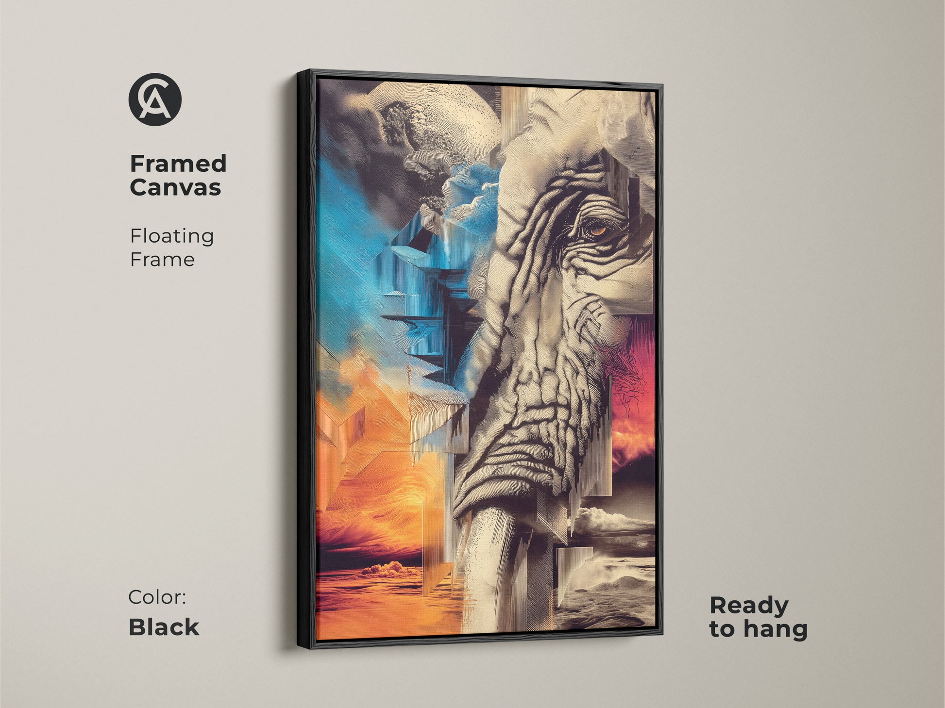 A Framed Canvas floating frame featuring an elephant. The elephant is a surreal depiction. This modern abstract canvas uses orange gold blue art. It would be an artistic home accent as living room wall art. This is ready to hang. The canvas floating frame is black.