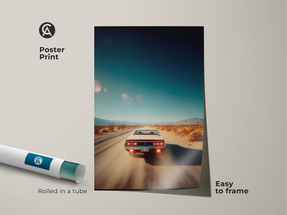 Poster print of a vintage car speeding through a desert landscape. This easy-to-frame poster art is rolled in a tube for protection. The artwork captures the essence of classic cars. Add a retro vibe to your home decor with this poster print.