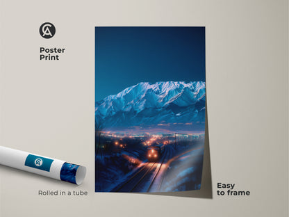 Poster print of indigo mountains. A train heads towards a cityscape. This blue orange landscape is easy to frame. The contemporary artwork adds winter charm to any room. A unique travel decor piece is rolled in a tube.