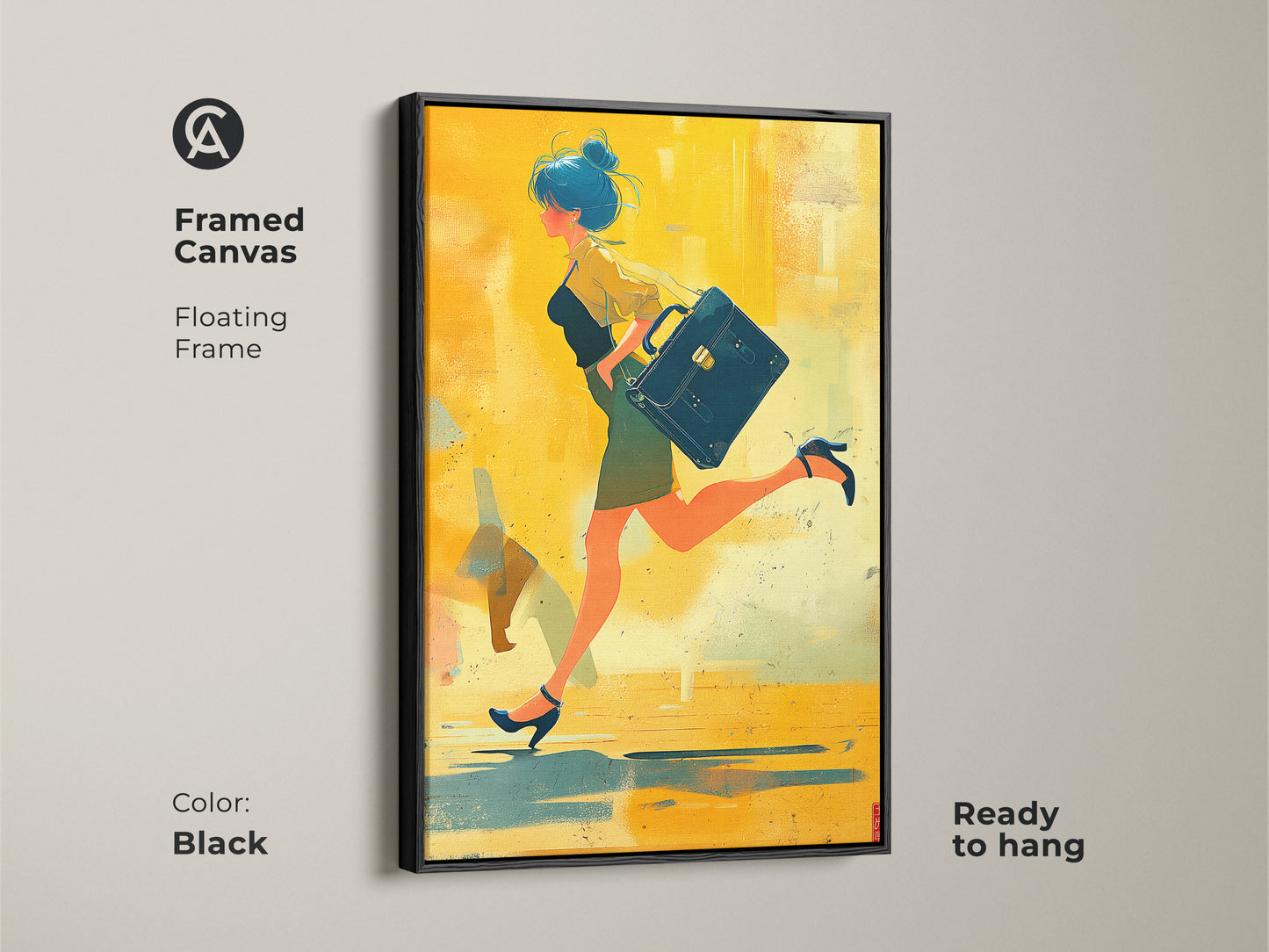 Framed canvas of a woman with briefcase. This modern abstract art features a black floating frame. The yellow orange and teal art is ready to hang. Great motivational business art.