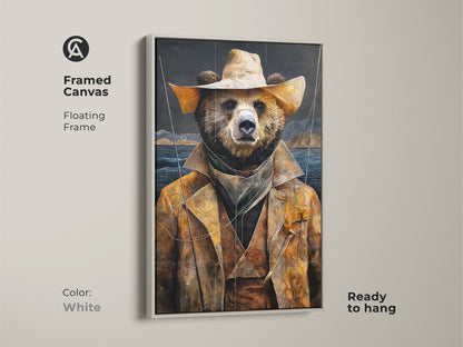 Framed Canvas displaying the golden yellow bear cowboy art with a white floating frame. This rustic animal art print is ready to hang. The earthy tones landscape makes a unique gift for him or her. Shop Now.