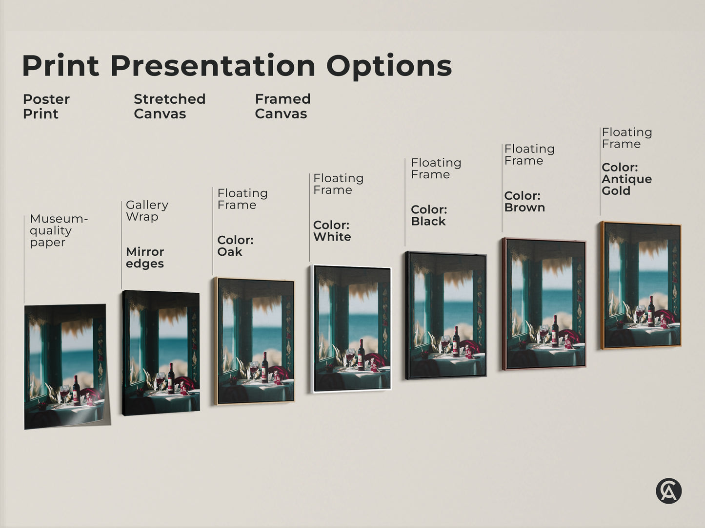 Explore our print presentation options for coastal wine art. Choose from poster prints stretched canvas or framed canvas. Each option enhances the contemporary artwork featuring a wine bottle and glass. Find the perfect style for your dining room or home bar today.