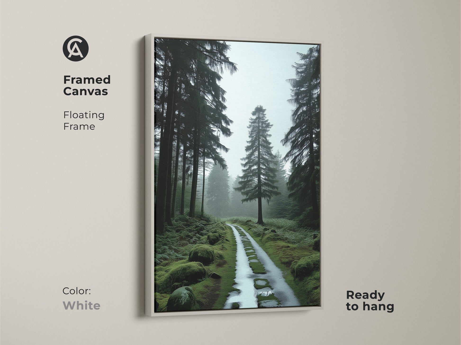 Framed canvas art features a misty forest path. This nature-inspired artwork features tall pine trees. The white floating frame is ready to hang. It is ideal for rustic entryway decor.