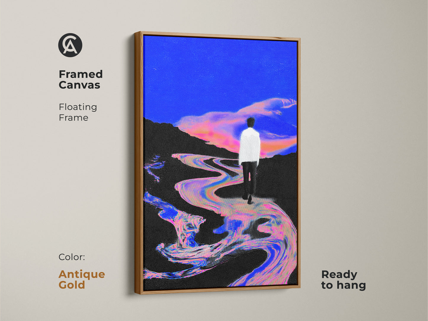 Brown Framed Canvas showcasing a surreal landscape. Glitch art style is in a floating frame. An electric blue and pink art print features a man walking by a river. Ready to hang for surrealism home decor.