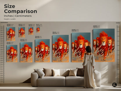 Size comparison of majestic lion family artwork in inches and centimeters. This African wildlife canvas art is available in various dimensions. It ranges from 20x30 cm to 45x67 inch. Perfect for different spaces. Visualize how the animal art for wall fits above a sofa. A unique wall hanging.