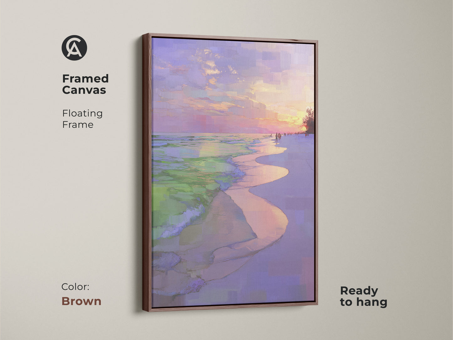 Framed canvas displays a floating frame in brown. Impressionistic beach sunset artwork is ready to hang. Coastal ocean waves wall print with a purple pink sky landscape. Seaside home decor gift for beach lovers.