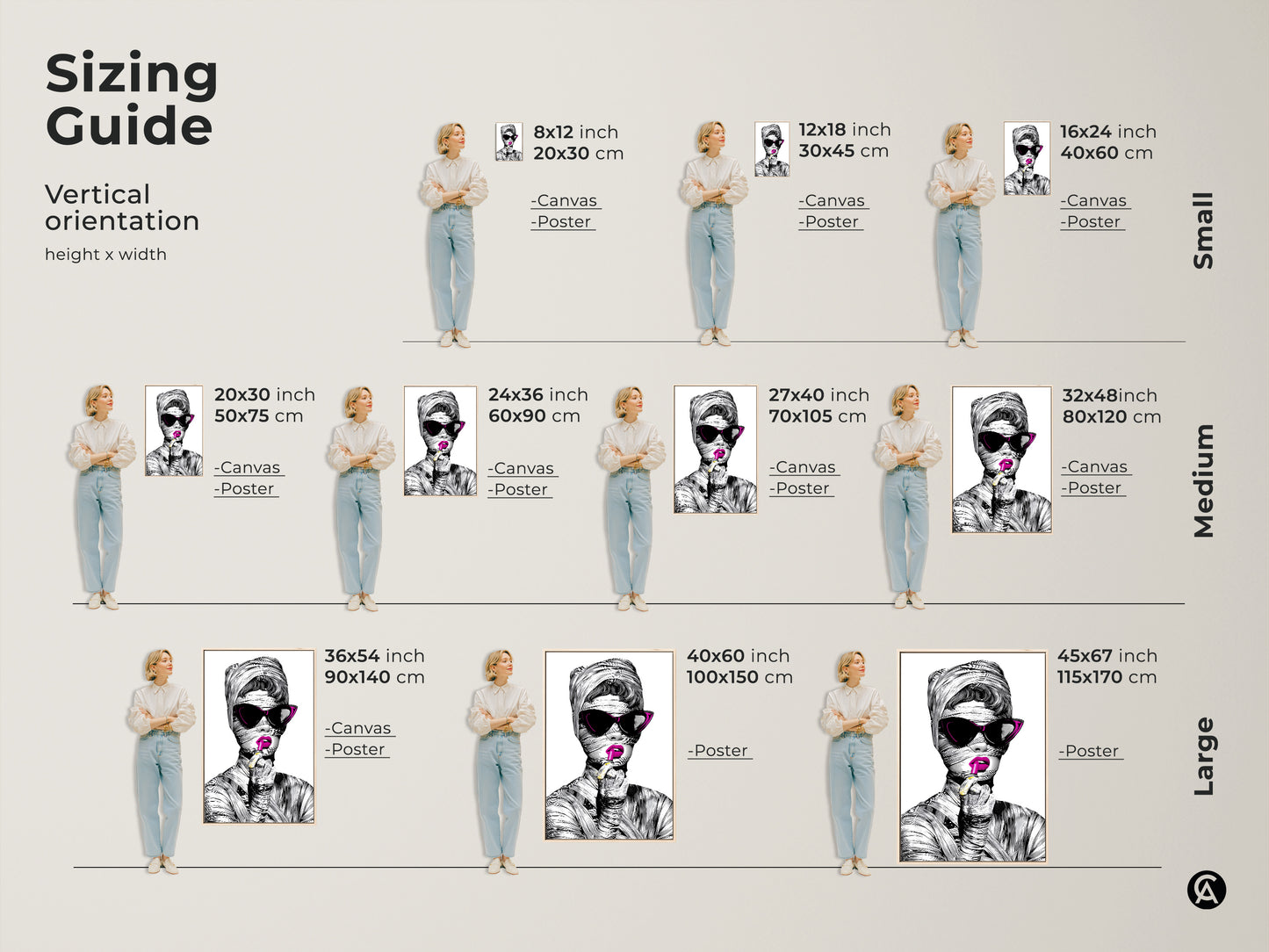 Sizing Guide for the vertical orientation artwork. Available as Canvas or Poster in small medium and large sizes. This surreal fashion wall art fits any space. The pop art woman portrait adds style to any room.