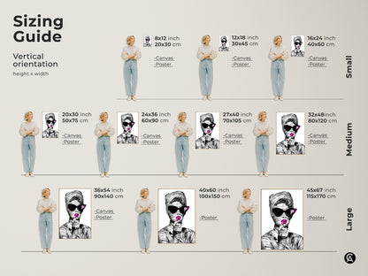 Sizing Guide for the vertical orientation artwork. Available as Canvas or Poster in small medium and large sizes. This surreal fashion wall art fits any space. The pop art woman portrait adds style to any room.
