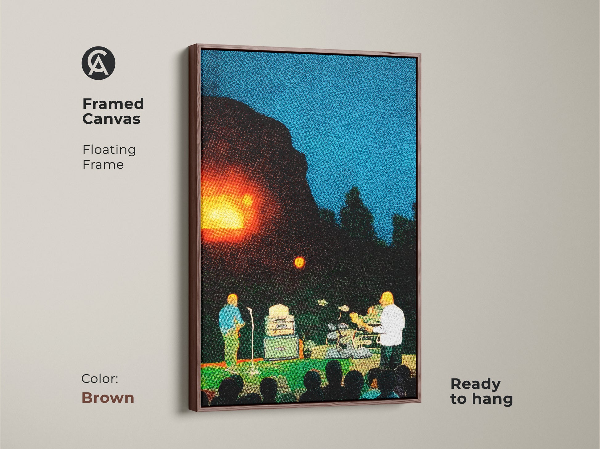 Enhance your home with this framed canvas artwork in a floating frame. The musician performs live on stage. This pointillism artwork uses blue orange and green hues. It is ready to hang with a brown frame. This art print makes a music themed decor.