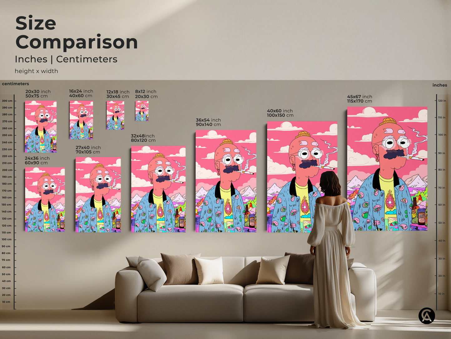 Size comparison of cartoon art prints featuring a cartoon man smoking. Visualize how different sizes of the artwork fit above a sofa. Choose the perfect dimensions to complement your living space. See the impact of this unique art in various sizes. Enhance your home decor with the ideal size print.