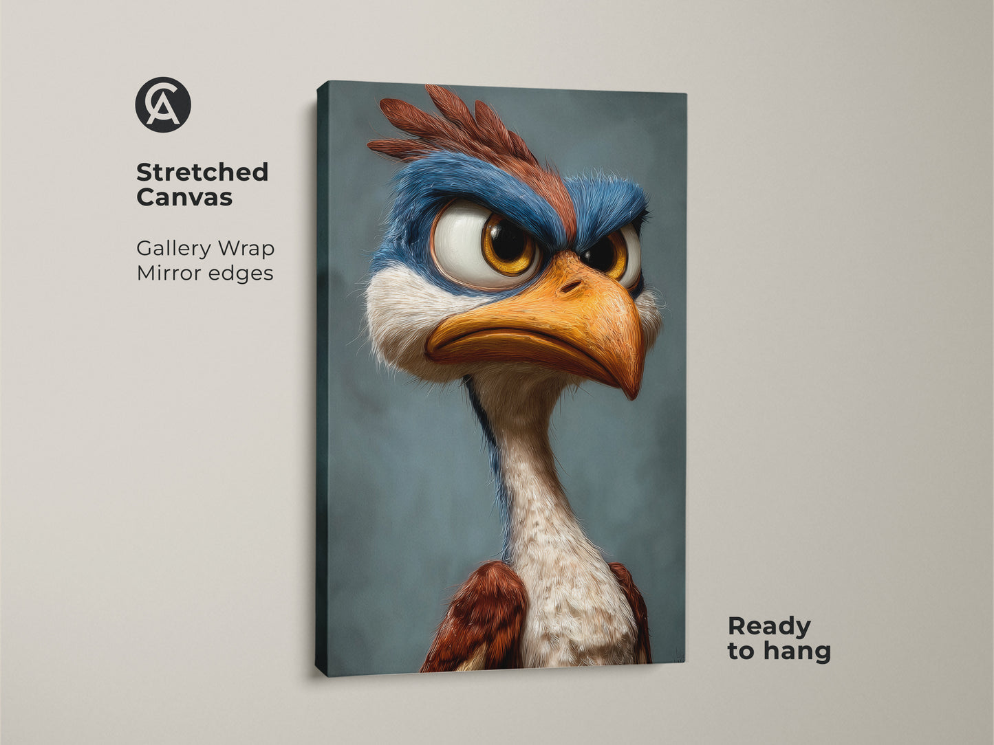 Stretched canvas art featuring a cartoon bird. The gallery wrap showcases mirror edges. The bird has blue and brown feathers and a serious expression. Ready to hang and enjoy in any room.