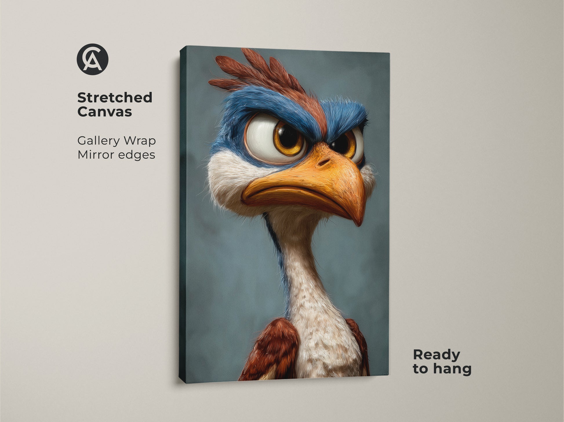 Stretched canvas art featuring a cartoon bird. The gallery wrap showcases mirror edges. The bird has blue and brown feathers and a serious expression. Ready to hang and enjoy in any room.