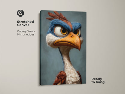 Stretched canvas art featuring a cartoon bird. The gallery wrap showcases mirror edges. The bird has blue and brown feathers and a serious expression. Ready to hang and enjoy in any room.