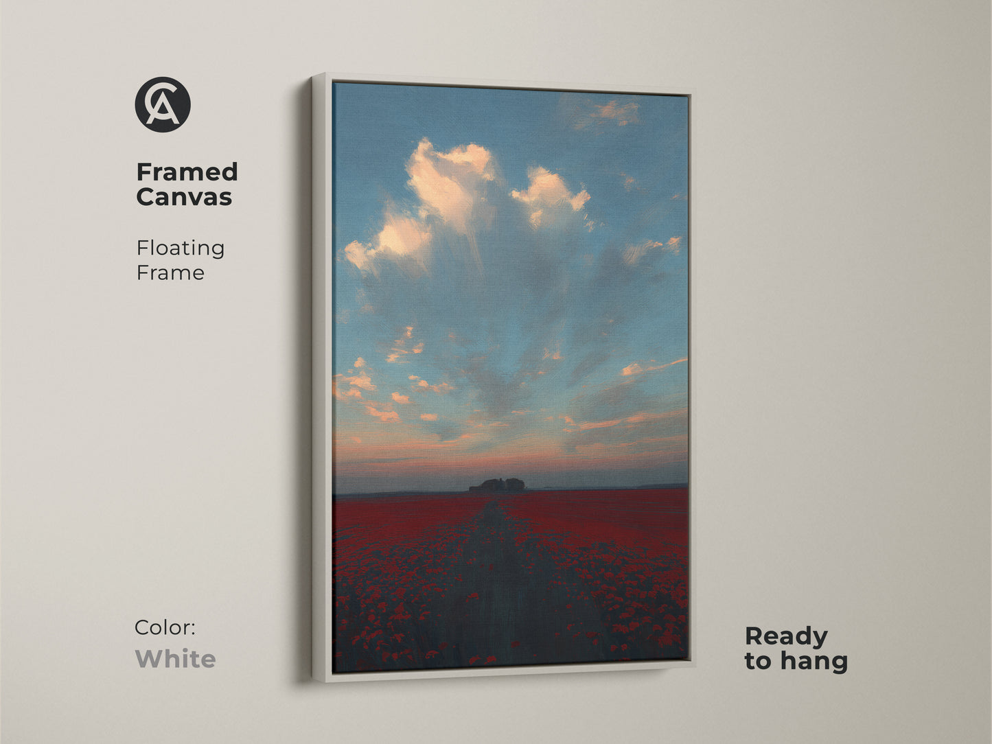 A framed canvas with a floating frame displays an impressionistic poppy field. This romantic landscape wall art is ready to hang. The white frame showcases the red floral nature print. The sunset sky clouds artwork is perfect for country farmhouse decor.