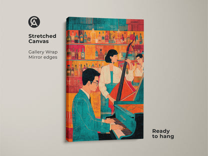 Stretched canvas print of a jazz band in a bar. The gallery wrap showcases mirror edges. Ready to hang this eclectic mid-century art adds a lively atmosphere. Ideal for a music venue wall hanging.