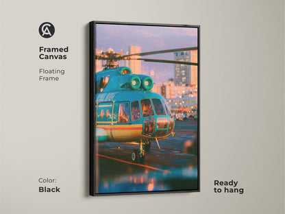 A framed canvas artwork featuring a teal helicopter at sunset. The floating black frame enhances the artwork. Ready to hang this piece adds sophistication to any room. Perfect for aviation enthusiasts. Upgrade your decor with this stunning aviation artwork. Order now.