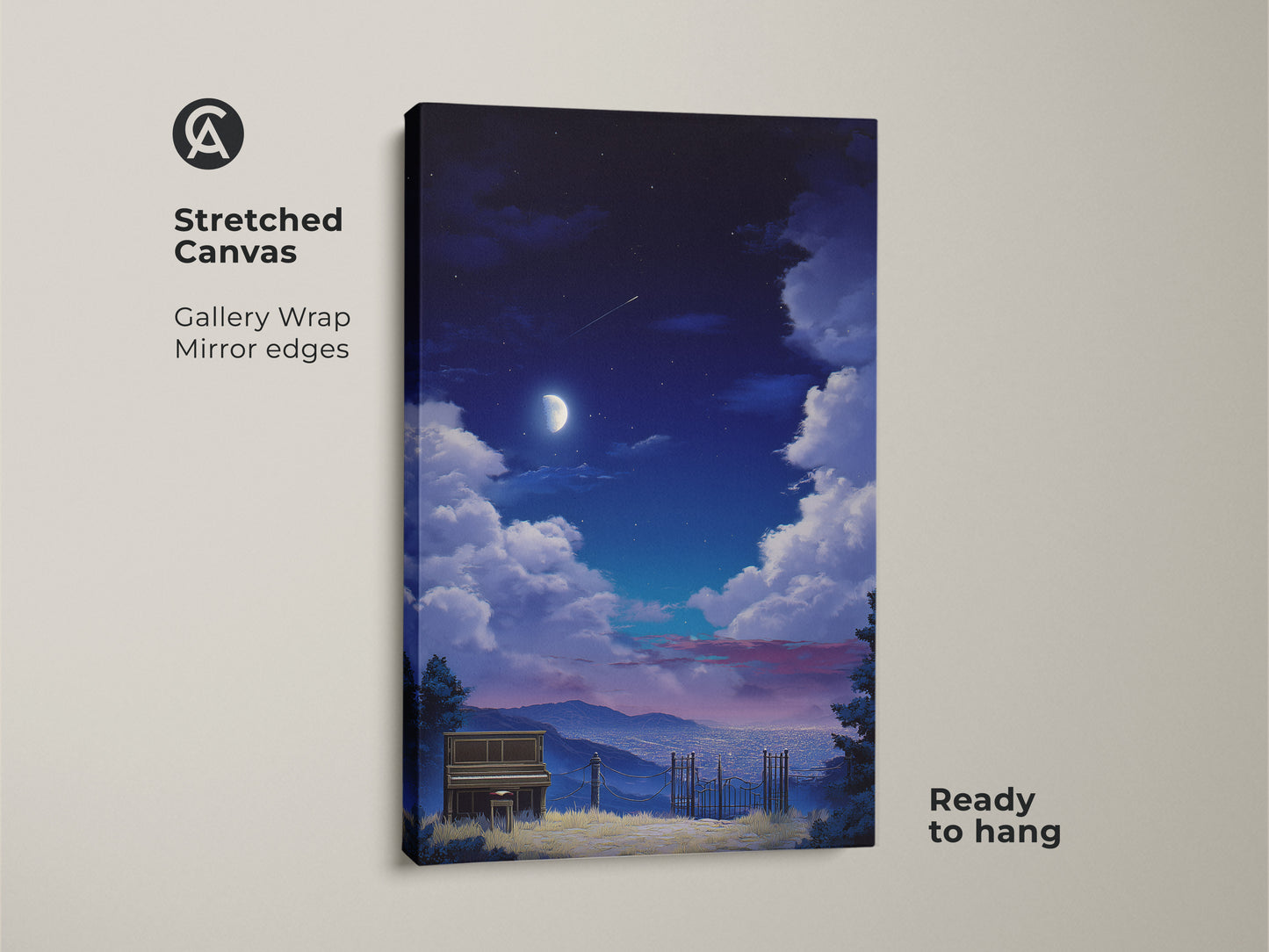 Stretched canvas print of a surreal piano landscape under an indigo moon. The gallery wrap showcases mirror edges. Ready to hang for easy display. Ideal dreamy night sky art for eclectic bedroom decor. A unique gift for musicians.