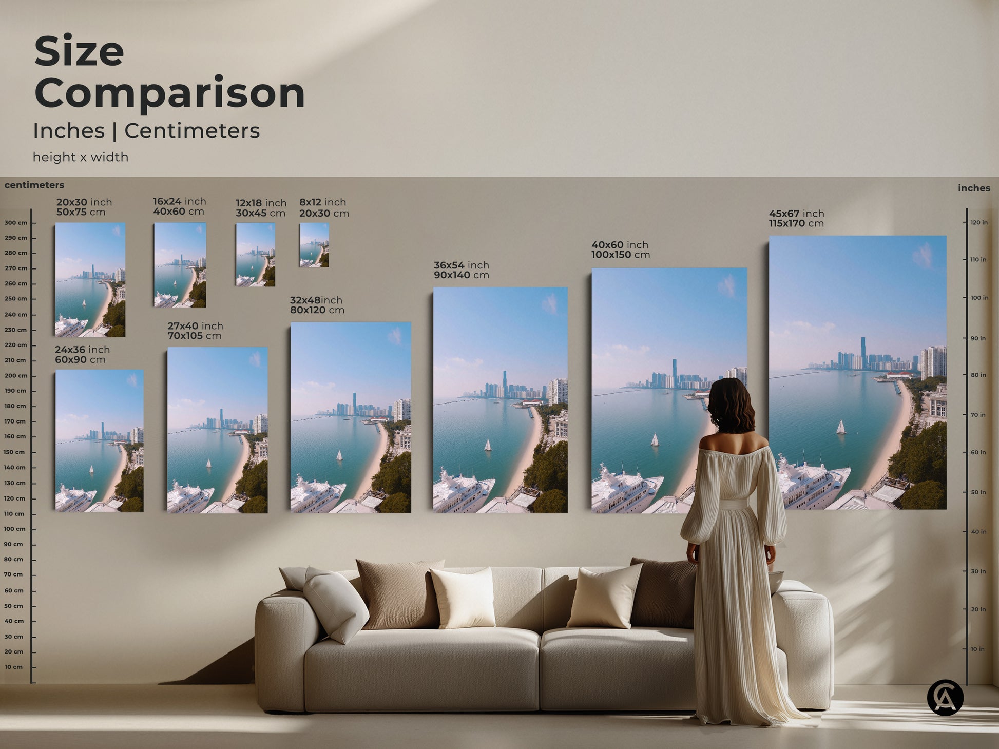 Compare sizes of this coastal cityscape artwork in inches and centimeters. The art print features a yacht and sailboat on an aqua ocean. Visualize how each size transforms a living space. Find the perfect fit for your decor. This modern travel-inspired artwork is ideal for any travel enthusiast's home.