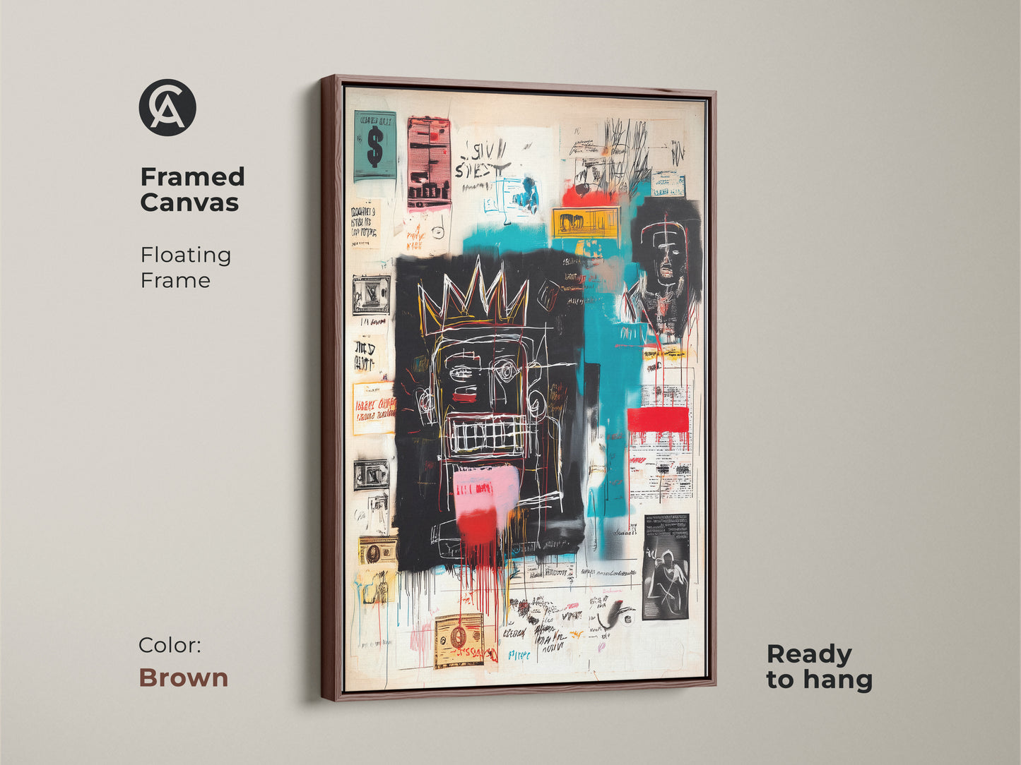 Basquiat style artwork on a framed canvas with a brown floating frame. The art is ready to hang. The brown frame adds warmth to any room. The artwork has bold colors and intricate details. Enhance your home with this contemporary art piece.
