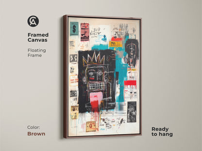 Basquiat style artwork on a framed canvas with a brown floating frame. The art is ready to hang. The brown frame adds warmth to any room. The artwork has bold colors and intricate details. Enhance your home with this contemporary art piece.