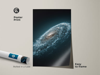 Poster Print of the Andromeda galaxy rolled in a tube. Easy to frame this deep space blue wall art is a starry white nebula print. Cosmic art for your home decor.
