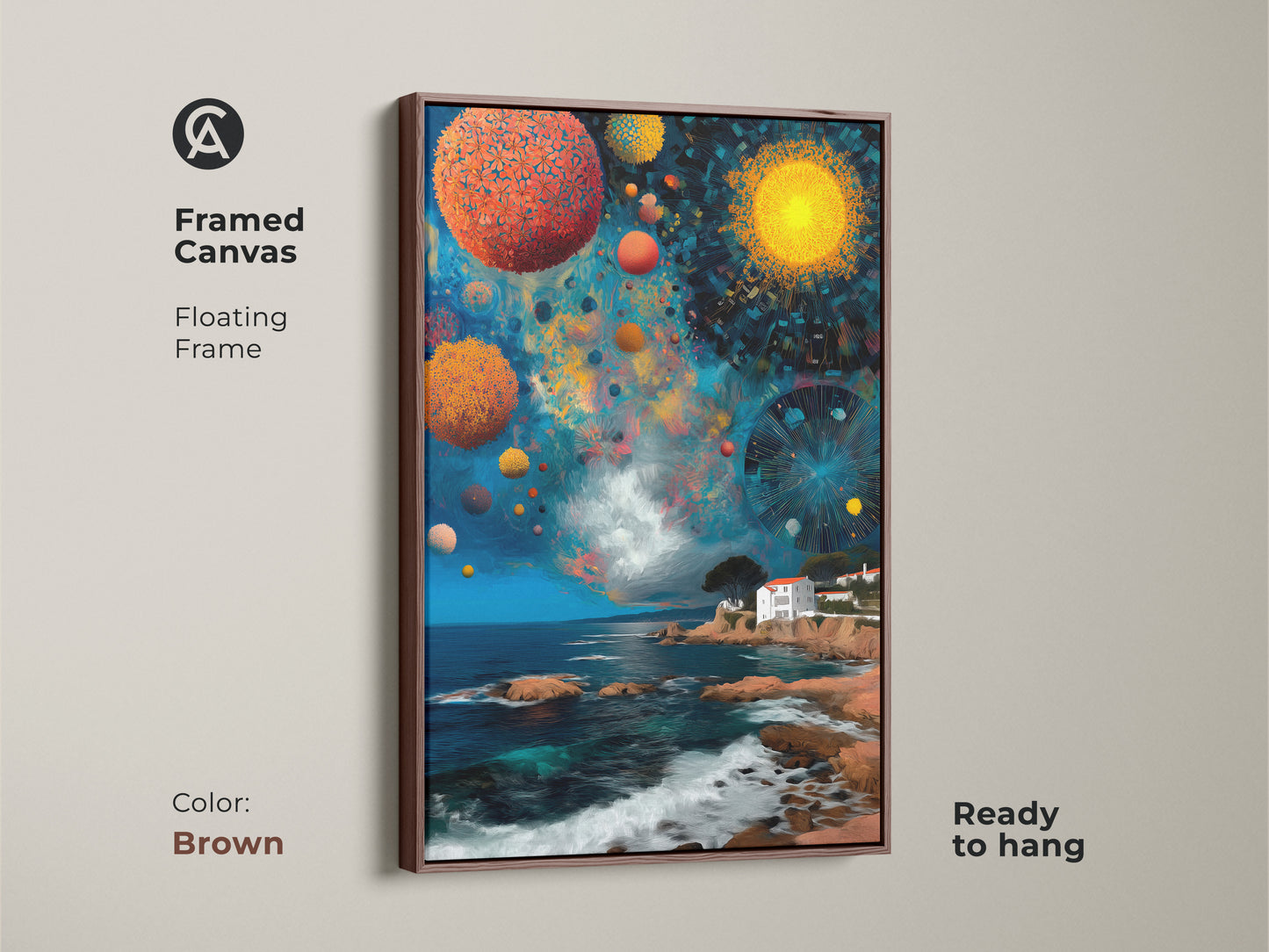 Framed canvas artwork displays celestial orbs and a Mediterranean villa. The floating frame is brown enhancing the art. This eclectic abstract art is ready to hang offering a vivid coastal dreamscape.
