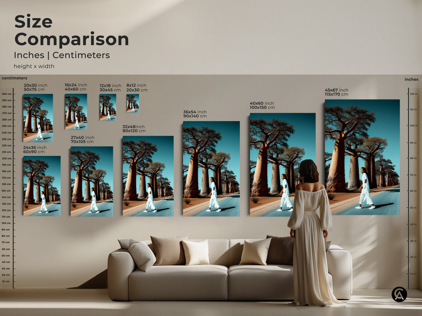 Size comparison of the realistic baobab tree artwork. Various sizes are displayed with a woman for scale. This African landscape canvas art brings boho travel decor to any room. The sizes range from small to large. It shows how the art fits in a living room.