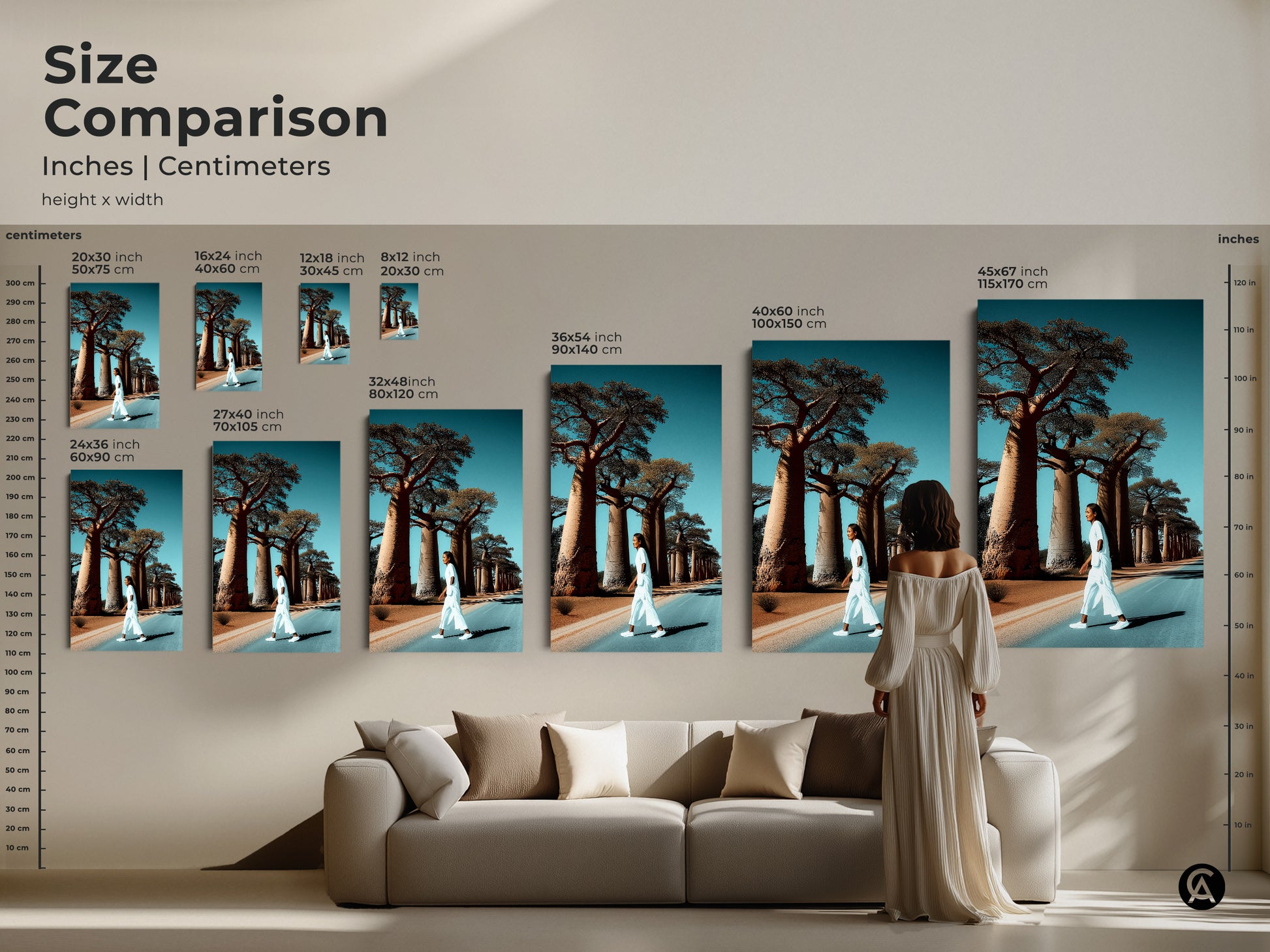 Size comparison of the realistic baobab tree artwork. Various sizes are displayed with a woman for scale. This African landscape canvas art brings boho travel decor to any room. The sizes range from small to large. It shows how the art fits in a living room.