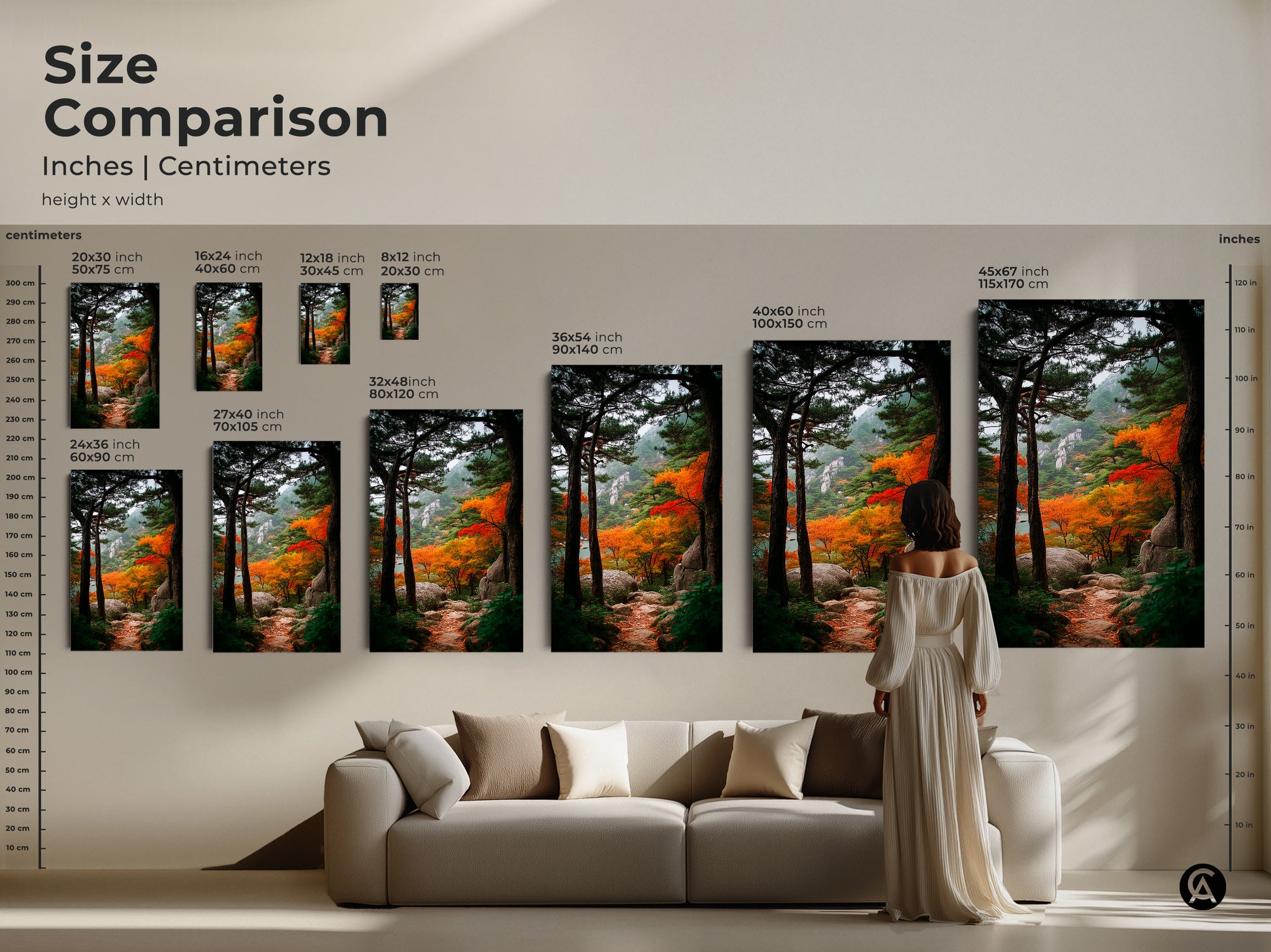 Size comparison of landscape art prints. Visualize canvas and poster sizes in inches and centimeters. Find the perfect dimensions for your wall decor. Explore options from small to extra-large to enhance your home.