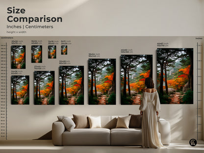 Size comparison of landscape art prints. Visualize canvas and poster sizes in inches and centimeters. Find the perfect dimensions for your wall decor. Explore options from small to extra-large to enhance your home.