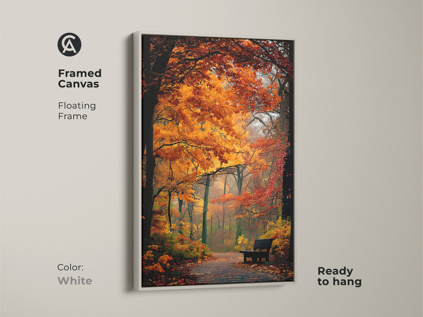 Framed canvas print of a forest in autumn. A white floating frame enhances the artwork. The colorful fall scene creates a peaceful mood. It is ready to hang and admire.