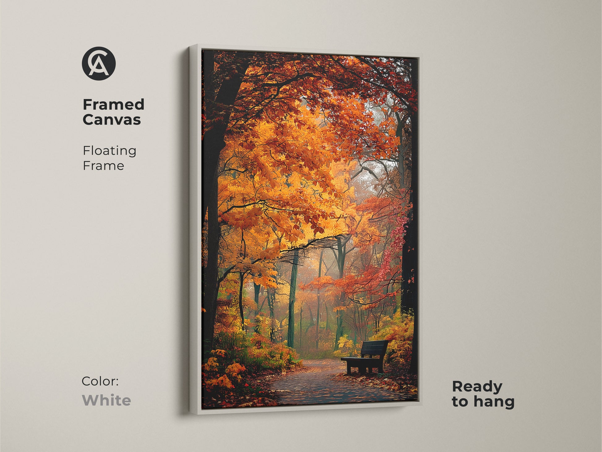 Framed canvas print of a forest in autumn. A white floating frame enhances the artwork. The colorful fall scene creates a peaceful mood. It is ready to hang and admire.