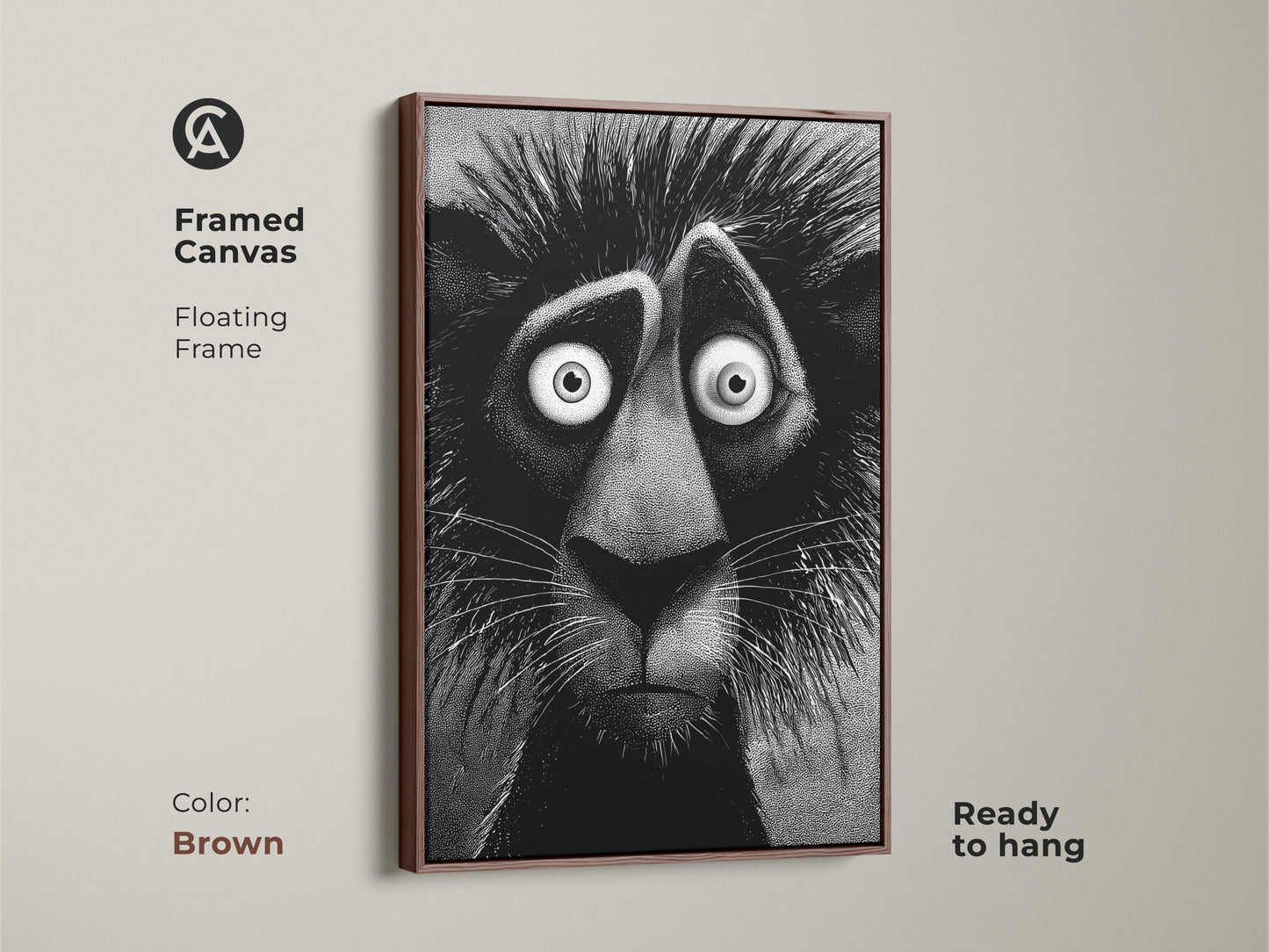 Brown framed canvas of a lion artwork ready to hang. This floating frame artwork features a stylized lion with an anxious expression. It will add character and charm to any room. This artwork is gallery ready.