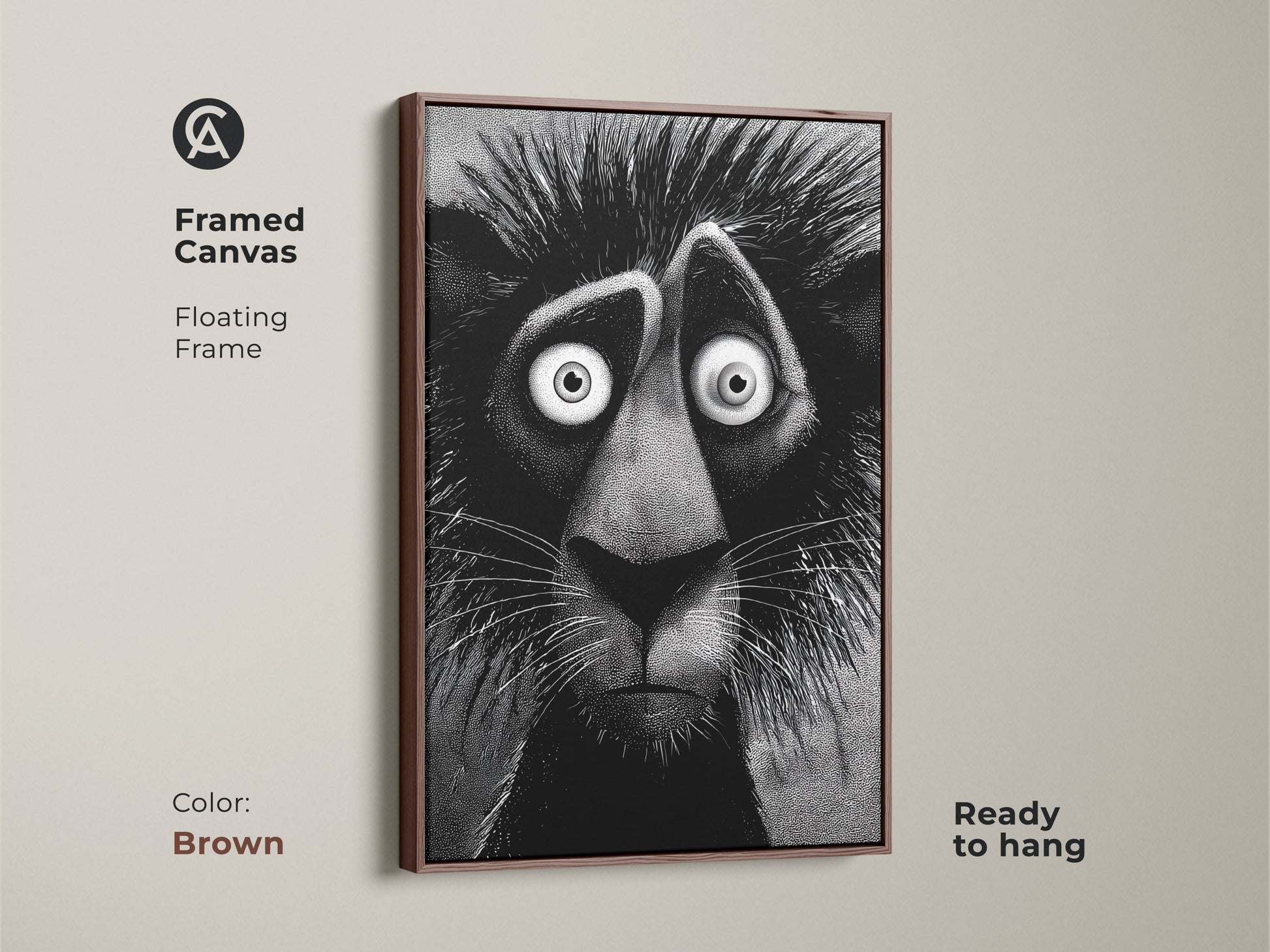 Brown framed canvas of a lion artwork ready to hang. This floating frame artwork features a stylized lion with an anxious expression. It will add character and charm to any room. This artwork is gallery ready.