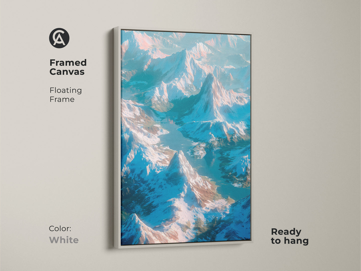 Framed canvas art with a white floating frame. The artwork displays a mountain landscape from above. The print is ready to hang. The neutral frame complements any color scheme. A stunning piece of wall art.