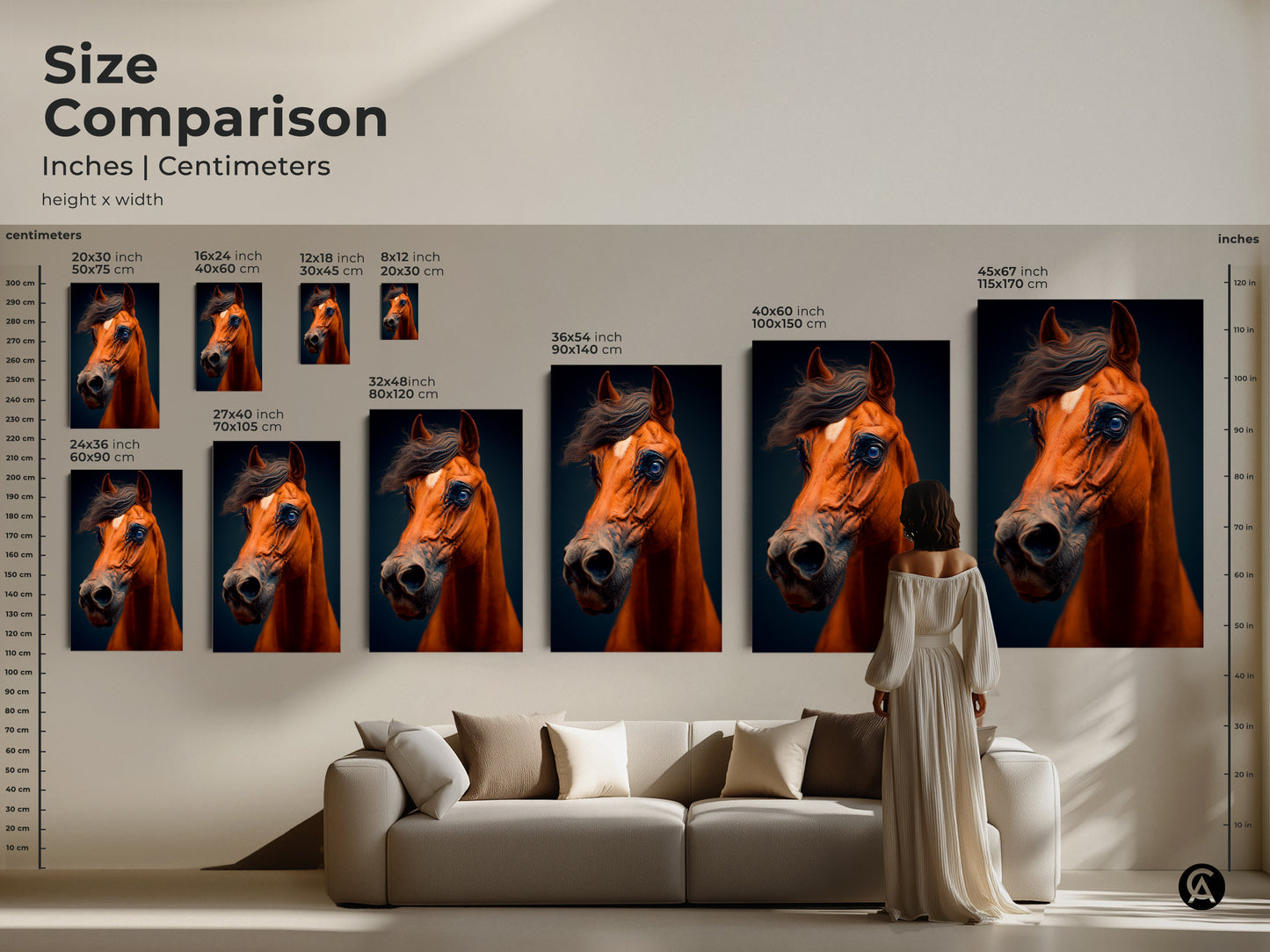 Compare sizes of our realistic horse artwork. From small to extra large find the perfect fit. This shows how our canvas print transforms living rooms. The equine portrait is a captivating animal wall hanging. Select the size that best complements your space.