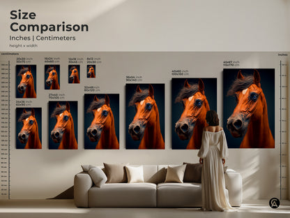 Compare sizes of our realistic horse artwork. From small to extra large find the perfect fit. This shows how our canvas print transforms living rooms. The equine portrait is a captivating animal wall hanging. Select the size that best complements your space.