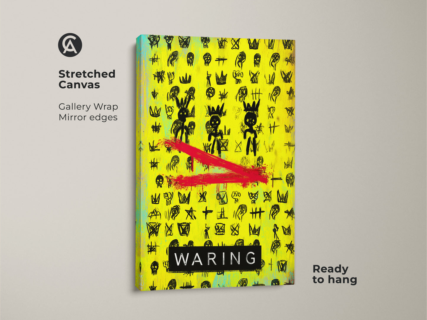 This neon yellow canvas print showcases an abstract graffiti style with crowns and skulls. It's a street art print ideal for eclectic wall decor. The gallery wrap with mirror edges gives a modern look. Ready to hang this pop art canvas instantly enhances any teen room or office space.
