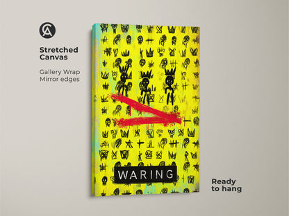 This neon yellow canvas print showcases an abstract graffiti style with crowns and skulls. It's a street art print ideal for eclectic wall decor. The gallery wrap with mirror edges gives a modern look. Ready to hang this pop art canvas instantly enhances any teen room or office space.