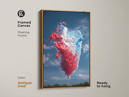 A framed canvas in antique gold floating frame showcases abstract red blue and white splash art. This contemporary artwork brings sophistication to any wall. Ready to hang it's ideal for adding a unique touch to your home office or living room decor.